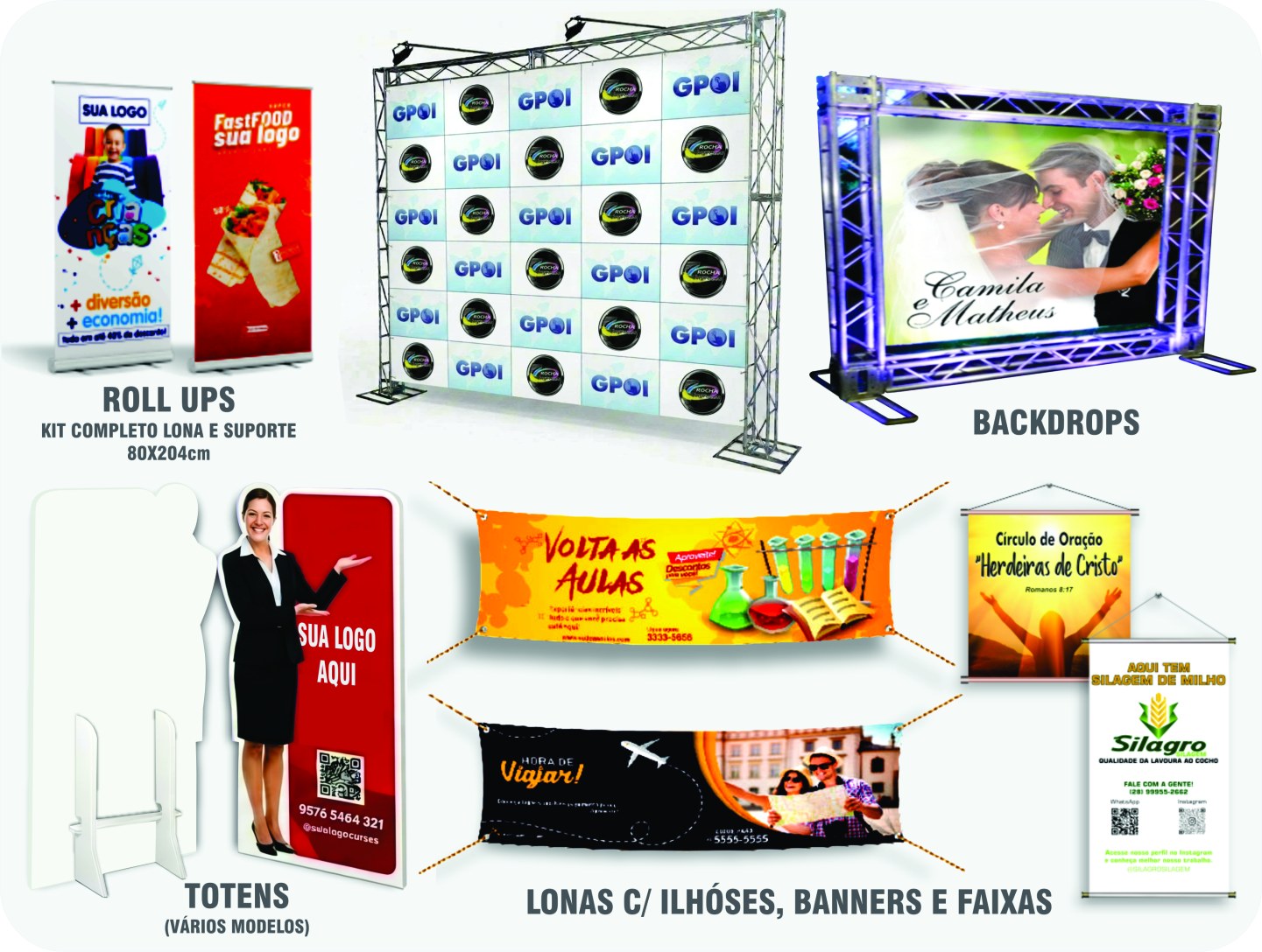 Lonas, banners, faixas, totens, roll ups e backdrops